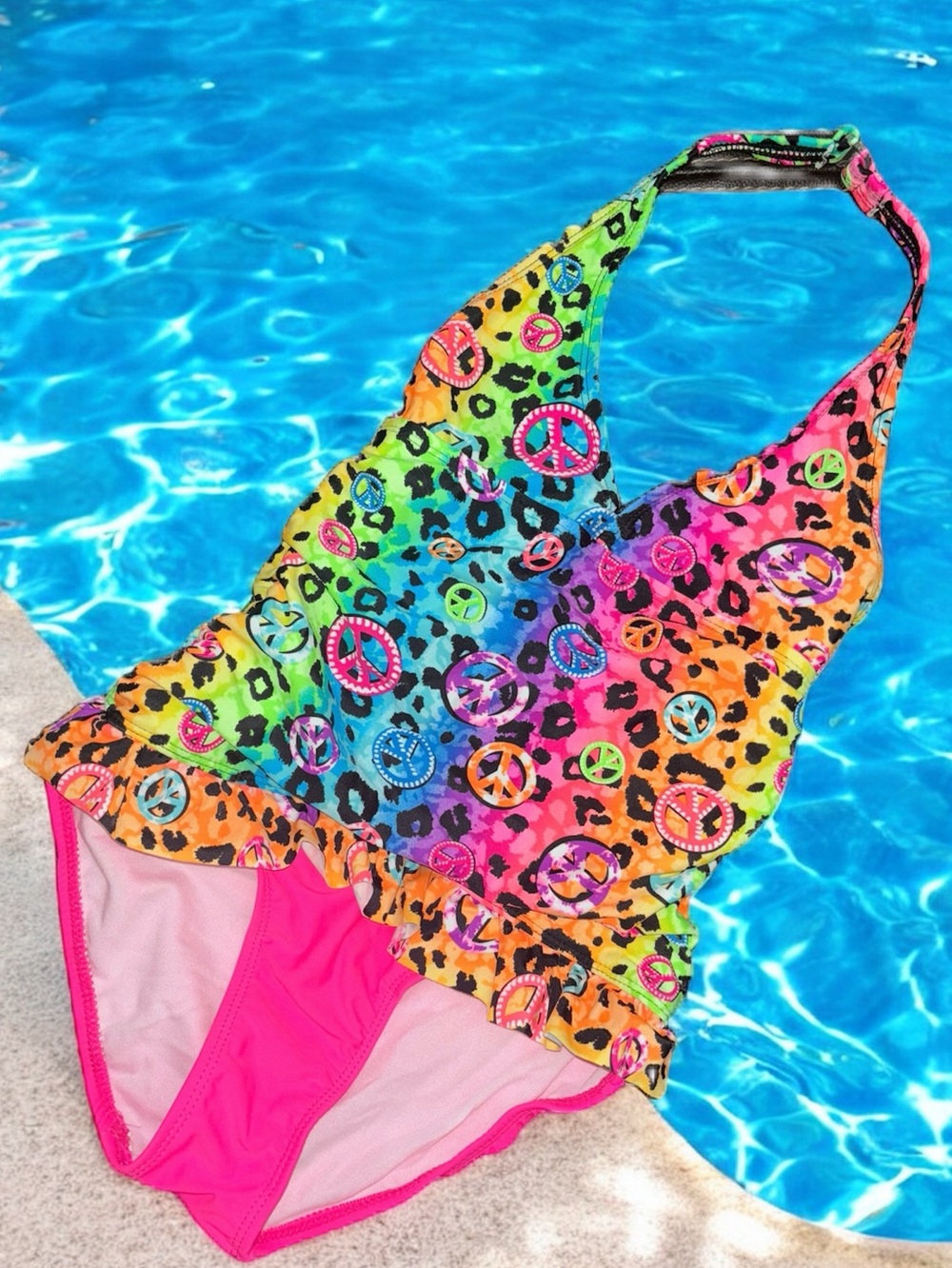 OP Rainbow Peace Sign Leopard Print One Piece Swimsuit bathing suit Girls M 7-8